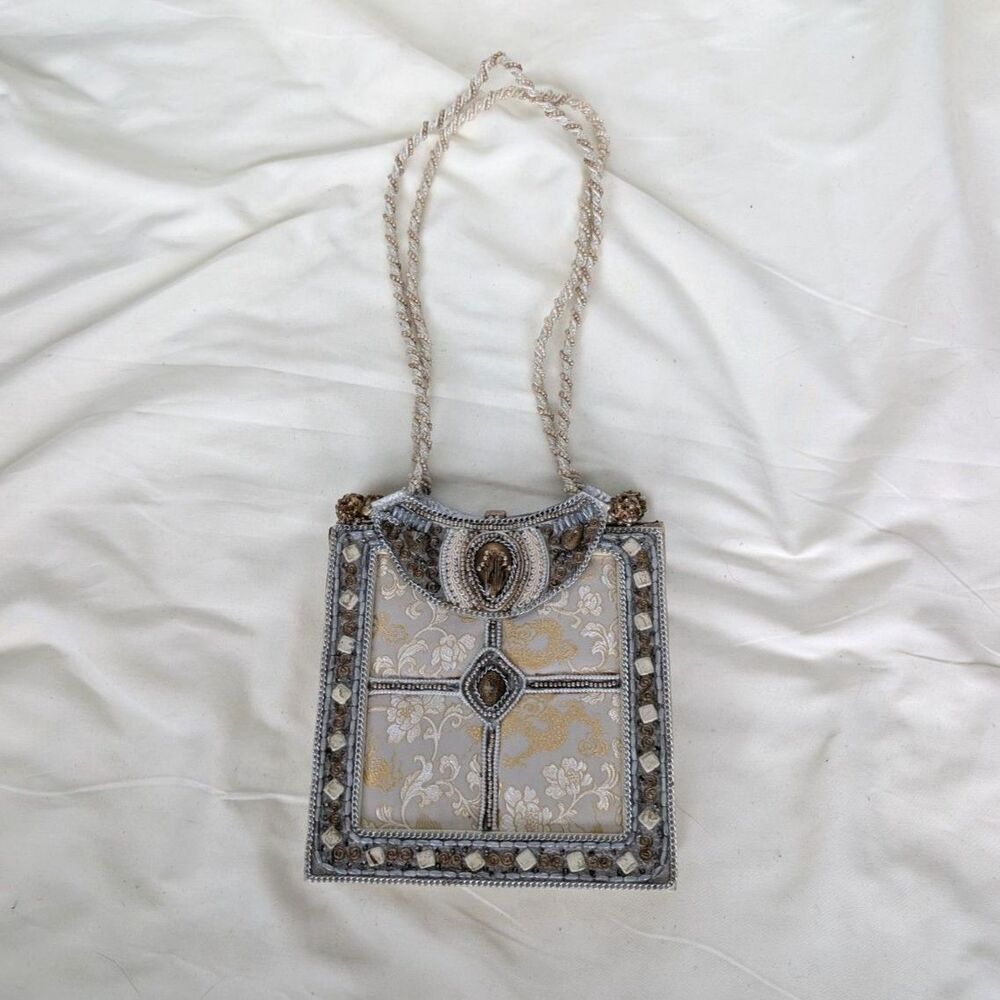 Embellished Intricate Mixed Media Beaded Satin Cloth Clasp Shoulder Bag